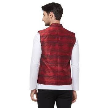 Red printed cotton silk nehru-jacket 4