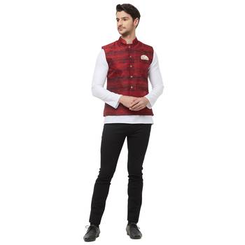 Red printed cotton silk nehru-jacket 5