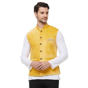 Yellow printed velvet nehru-jacket 1