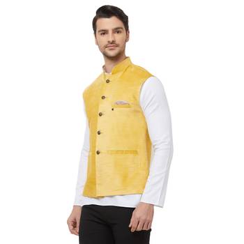 Yellow printed velvet nehru-jacket 2