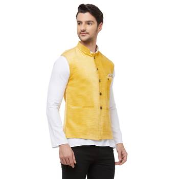 Yellow printed velvet nehru-jacket 3