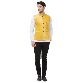 Yellow printed velvet nehru-jacket 5
