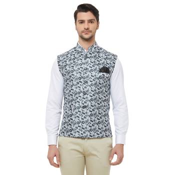 Black printed cotton silk nehru-jacket 1