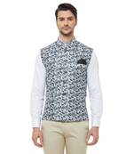 Black printed cotton silk nehru-jacket