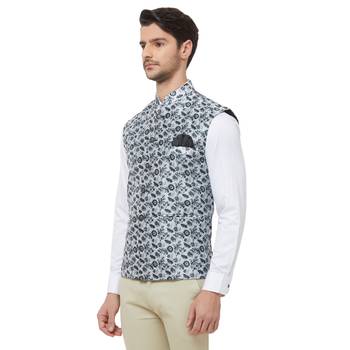 Black printed cotton silk nehru-jacket 2