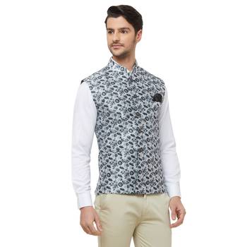 Black printed cotton silk nehru-jacket 3