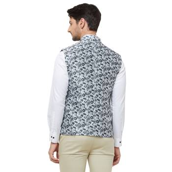Black printed cotton silk nehru-jacket 4