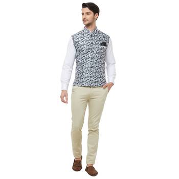 Black printed cotton silk nehru-jacket 5