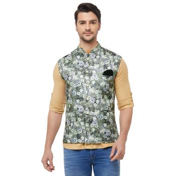 Green printed cotton silk nehru-jacket 1