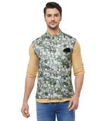 Green printed cotton silk nehru-jacket