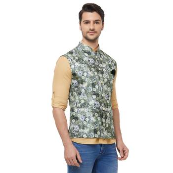 Green printed cotton silk nehru-jacket 2