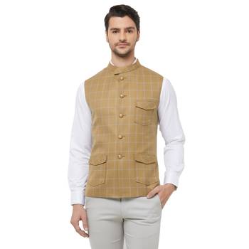 Gold printed cotton nehru-jacket 1