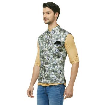 Green printed cotton silk nehru-jacket 3