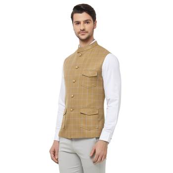 Gold printed cotton nehru-jacket 2