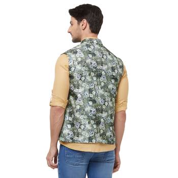 Green printed cotton silk nehru-jacket 4
