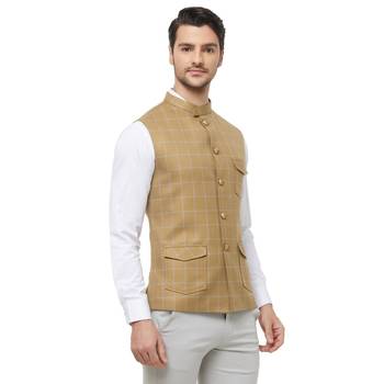 Gold printed cotton nehru-jacket 3