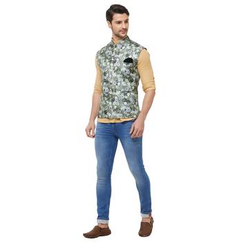 Green printed cotton silk nehru-jacket 5