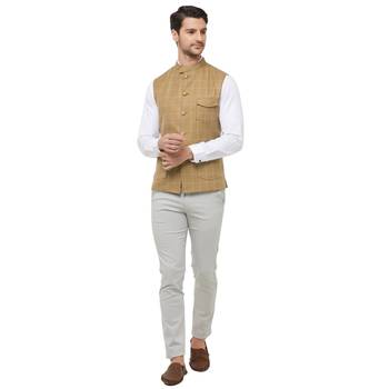 Gold printed cotton nehru-jacket 5