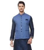 Blue printed linen nehru-jacket