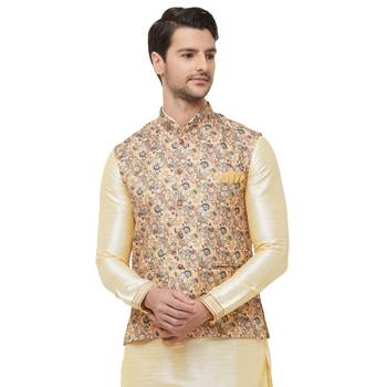 Gold printed cotton silk nehru-jacket 1