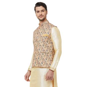 Gold printed cotton silk nehru-jacket 2