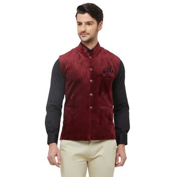 Red printed velvet nehru-jacket 1