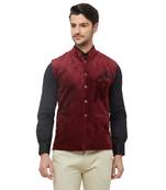 Red printed velvet nehru-jacket