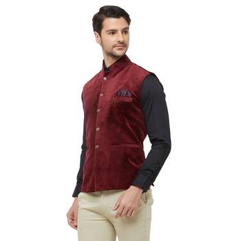 Red printed velvet nehru-jacket 2