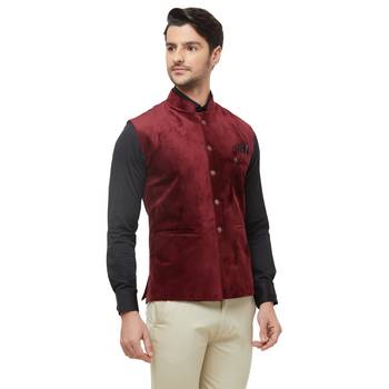 Red printed velvet nehru-jacket 3