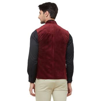 Red printed velvet nehru-jacket 4