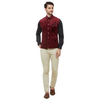 Red printed velvet nehru-jacket 5