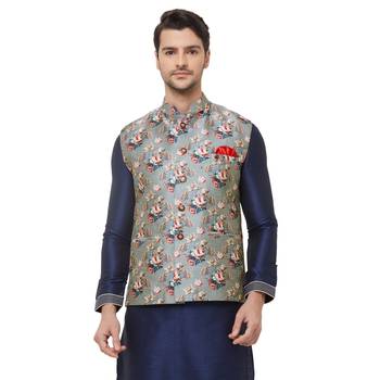 Grey printed cotton silk nehru-jacket 1
