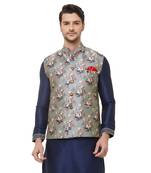 Grey printed cotton silk nehru-jacket