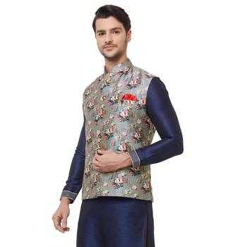 Grey printed cotton silk nehru-jacket 2