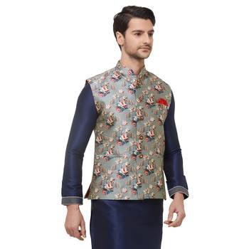 Grey printed cotton silk nehru-jacket 3