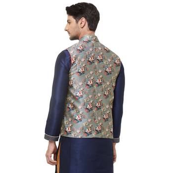 Grey printed cotton silk nehru-jacket 4
