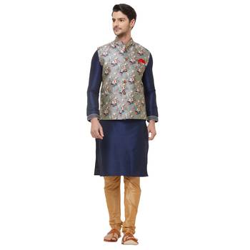 Grey printed cotton silk nehru-jacket 5