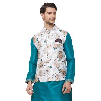 White printed cotton silk nehru-jacket 1