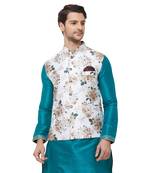 White printed cotton silk nehru-jacket