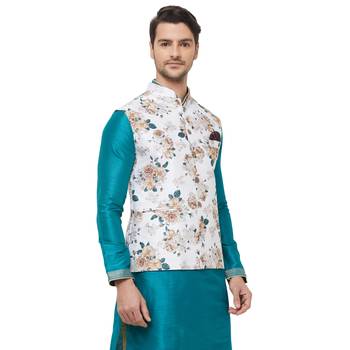 White printed cotton silk nehru-jacket 2