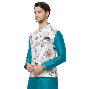 White printed cotton silk nehru-jacket 3