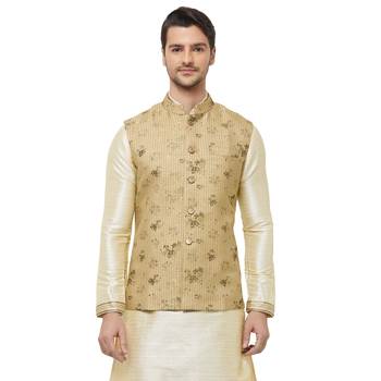 Gold printed pure silk  nehru-jacket 1