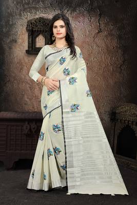 Off white Color Linen embroidery Saree  1