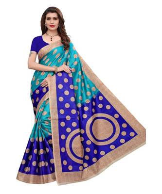 Blue Printed Art Silk Saree With Blouse 1