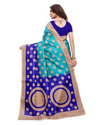 Blue Printed Art Silk Saree With Blouse 2