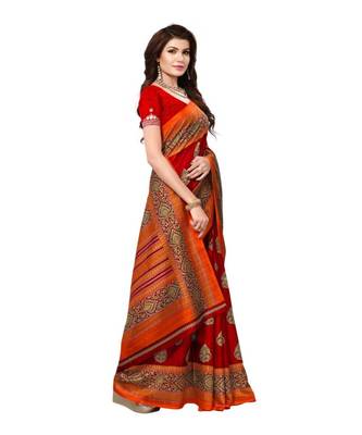 Red Printed Art Silk Saree With Blouse 2