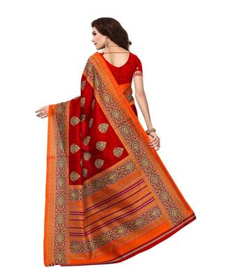 Red Printed Art Silk Saree With Blouse 3