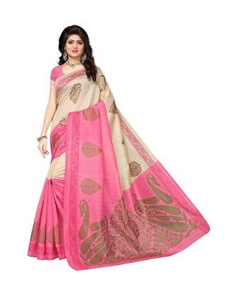 pink printed art silk saree with blouse 1
