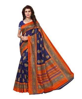 Blue Printed Art Silk Saree With Blouse 1