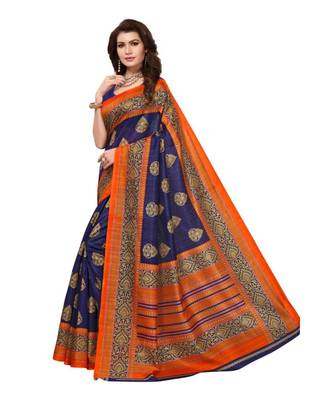 Blue Printed Art Silk Saree With Blouse 2